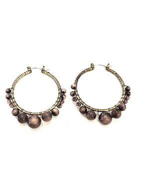 Tiger's Eye Gemstone 2" Beaded Hoop Pierced Earrings